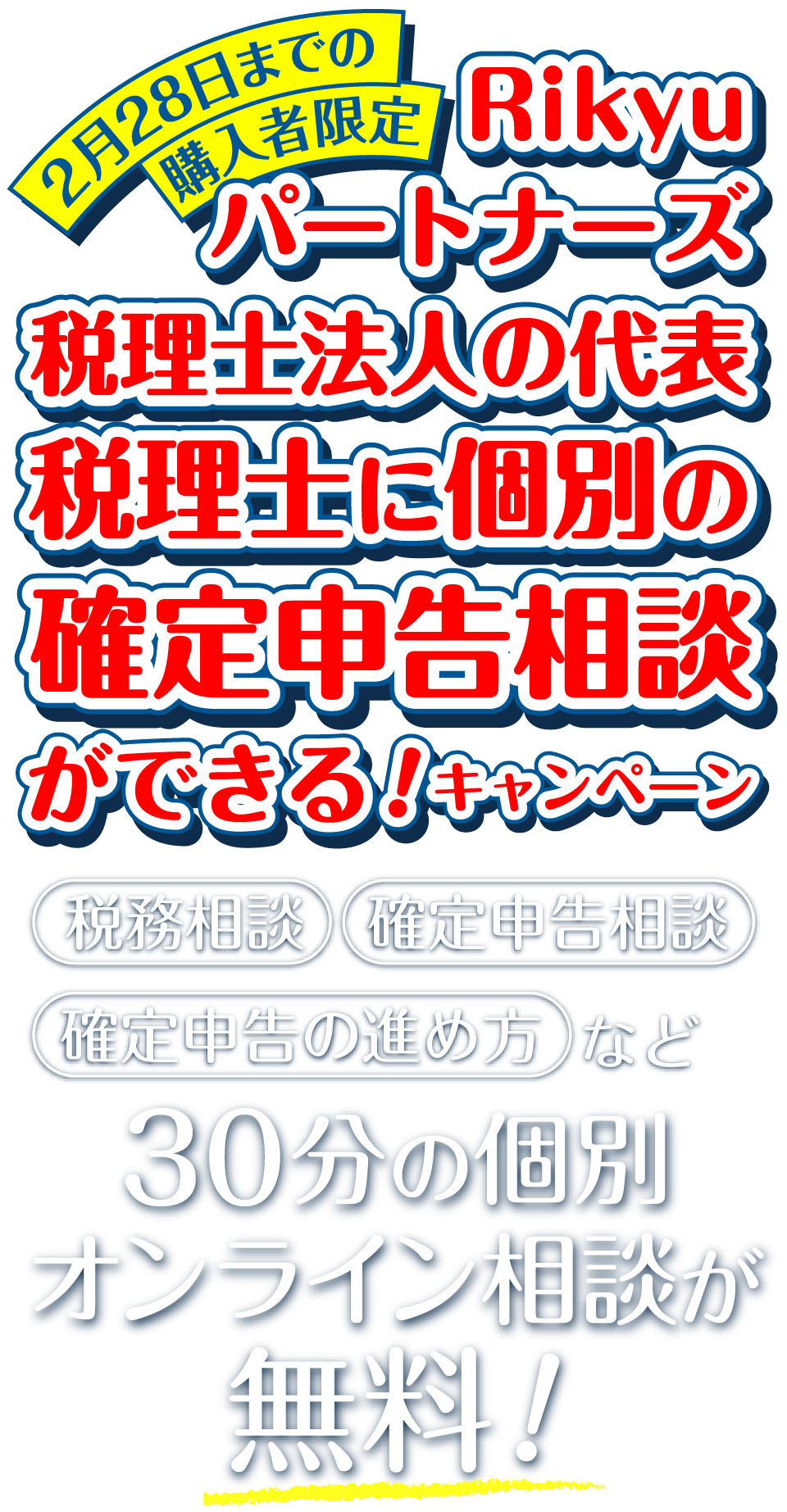 2月28日までの購入者限定！Rikyuパートナーズ税理士法人の代表税理士に個別の確定申告相談ができる！キャンペーン　税務相談・確定申告相談・確定申告の進め方など30分の個別オンライン相談が無料！